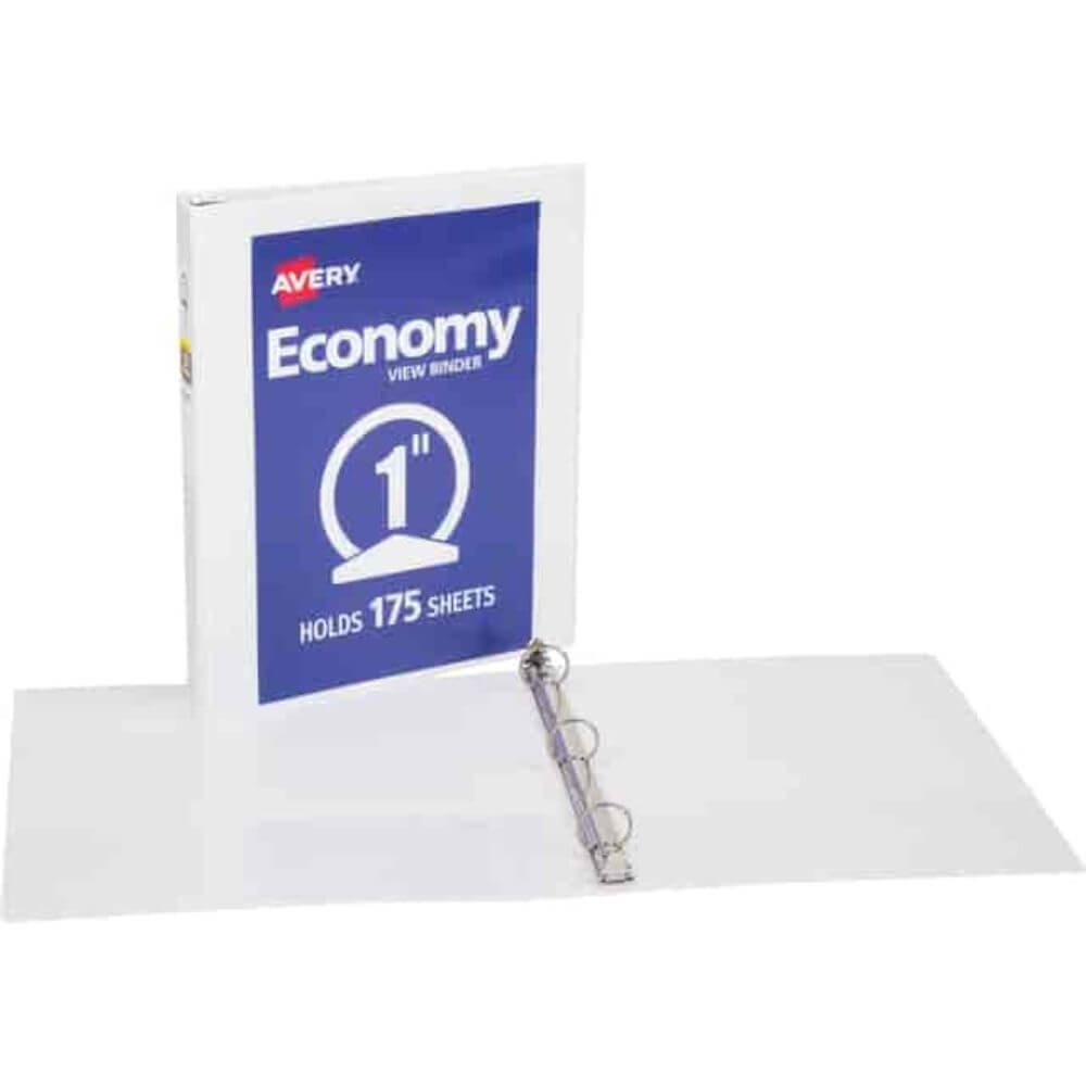 Avery Economy View Binder, 1" Binder Capacity, Letter, 8 1/2" X 11" Sheet Size, 175 Sheet Capacity, 3 Ring, Fastener: Round Ring, Pocket: 2, Internal, Vinyl, Chipboard, White, 15.84 Oz