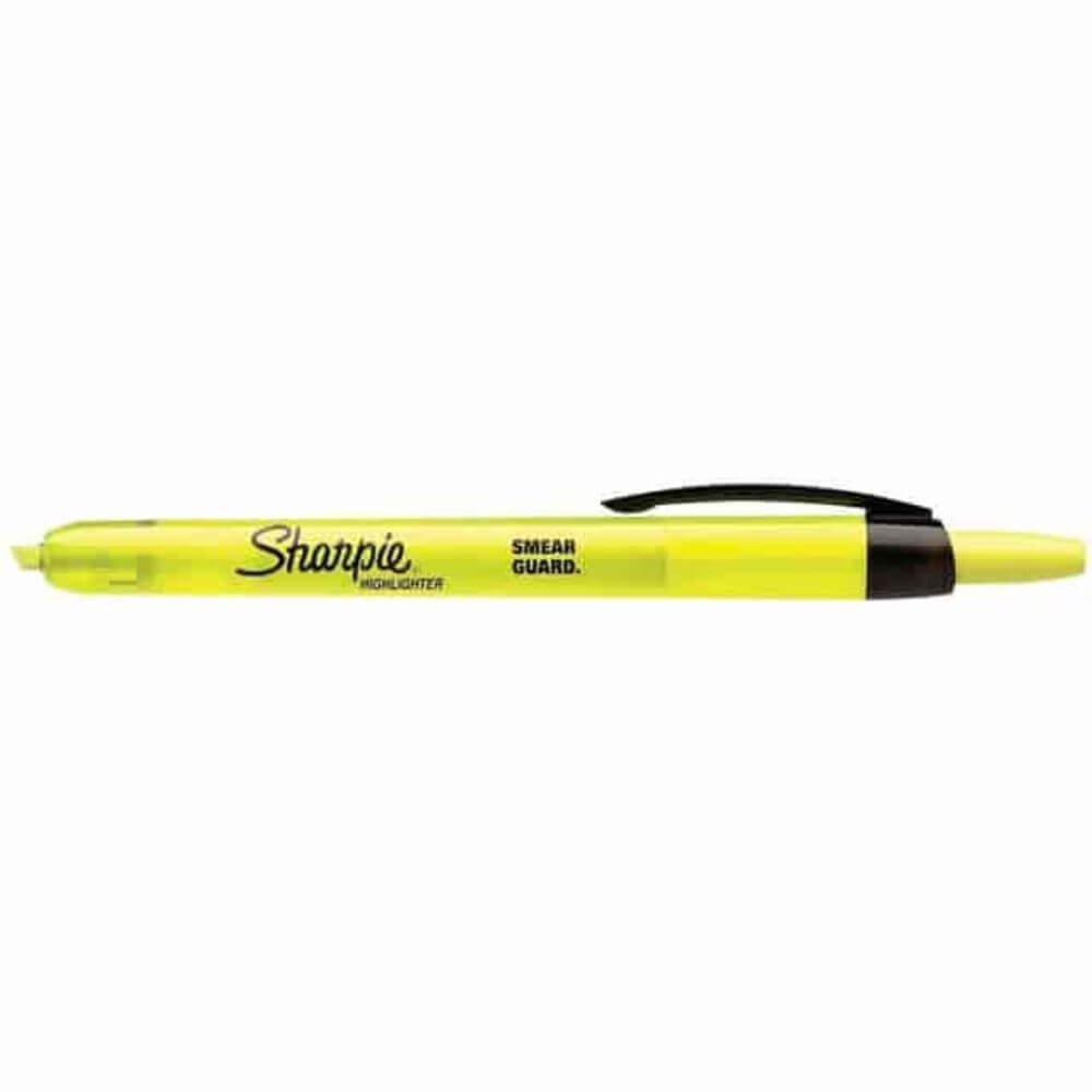 Sharpie Smear Guard Retractable Highlighters, Chisel Marker Point, Retractable, Fluorescent Yellow Ink, Yellow Barrel, 1 Dozen