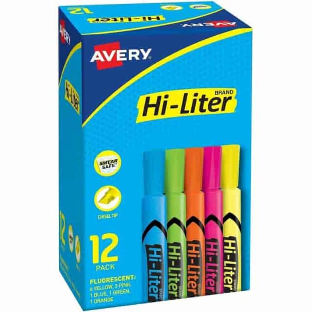 Avery Hi-Liter Desk-Style Highlighters, Chisel Marker Point, Washable, Fluorescent Yellow, Fluorescent Blue, Fluorescent Green, Fluorescent Orange, Fluorescent Pink Ink, Water Based, Plastic Tip, 12 / Box