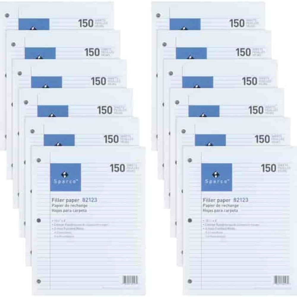 Sparco 3HP Filler Paper, 1800 Sheets, College Ruled Front Ruling, Ruled Red Margin, 16 Lb Basis Weight, 8" X 10 1/2" Sheet Size, White Paper, Bleed-free, 150/Pack, 12 / Bundle
