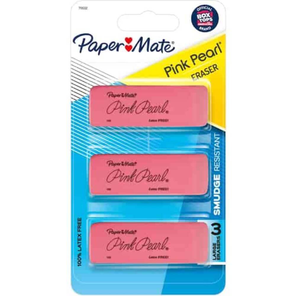 Paper Mate Pink Pearl Eraser, Pink, Rubber, 3 / Pack, Self-cleaning, Tear Resistant, Smudge-free, Soft, Pliable