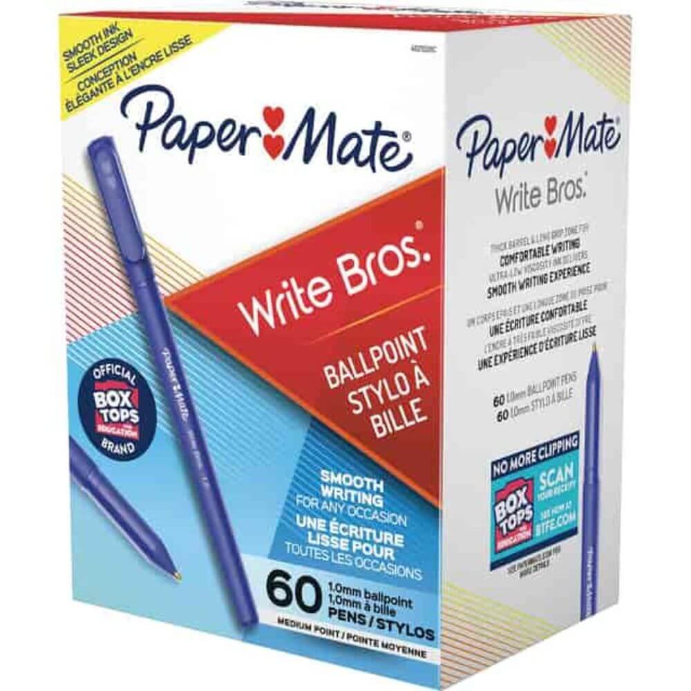 Paper Mate Write Bros. Ballpoint Stick Pens, 1 Mm Medium Pen Point, Blue Ink, 60 / Box