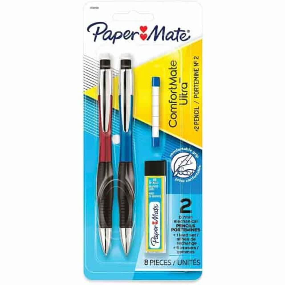 Paper Mate Comfortable Ultra Mechanical Pencils, 0.7 Mm Black Lead, 2, Refillable, Assorted Plastic Barrel, 2 / Pack