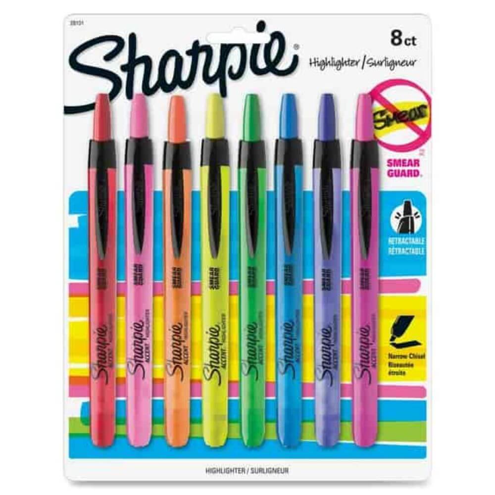 Sharpie Smear Guard Retractable Highlighters, Chisel Marker Point, Retractable, Assorted Ink, Assorted Barrel, 8 / Set