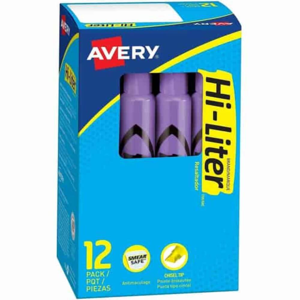 Avery Desk Style HI-LITER®, Fluorescent Purple, Chisel Marker Point, Fluorescent Purple Ink, Purple Barrel, 1 Dozen