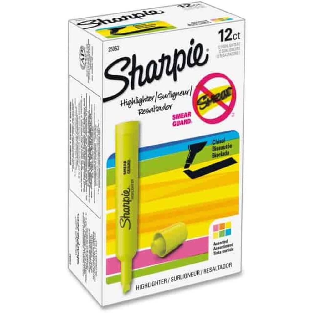 Sharpie SmearGuard Tank Style Highlighters, Chisel Marker Point, Fluorescent Yellow, Yellow, Fluorescent Green, Fluorescent Orange, Fluorescent Pink, Blue Ink, 12 / Set