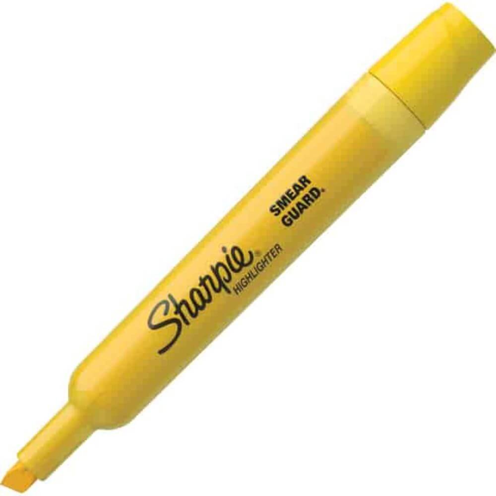 Sharpie SmearGuard Tank Style Highlighters, Broad Chisel Marker Point, Yellow Ink, Yellow Barrel, 1 Dozen