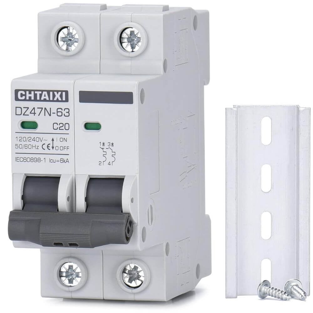 AC Circuit Breaker 20 Amp 2 Pole DIN Rail Thermal Magnetic