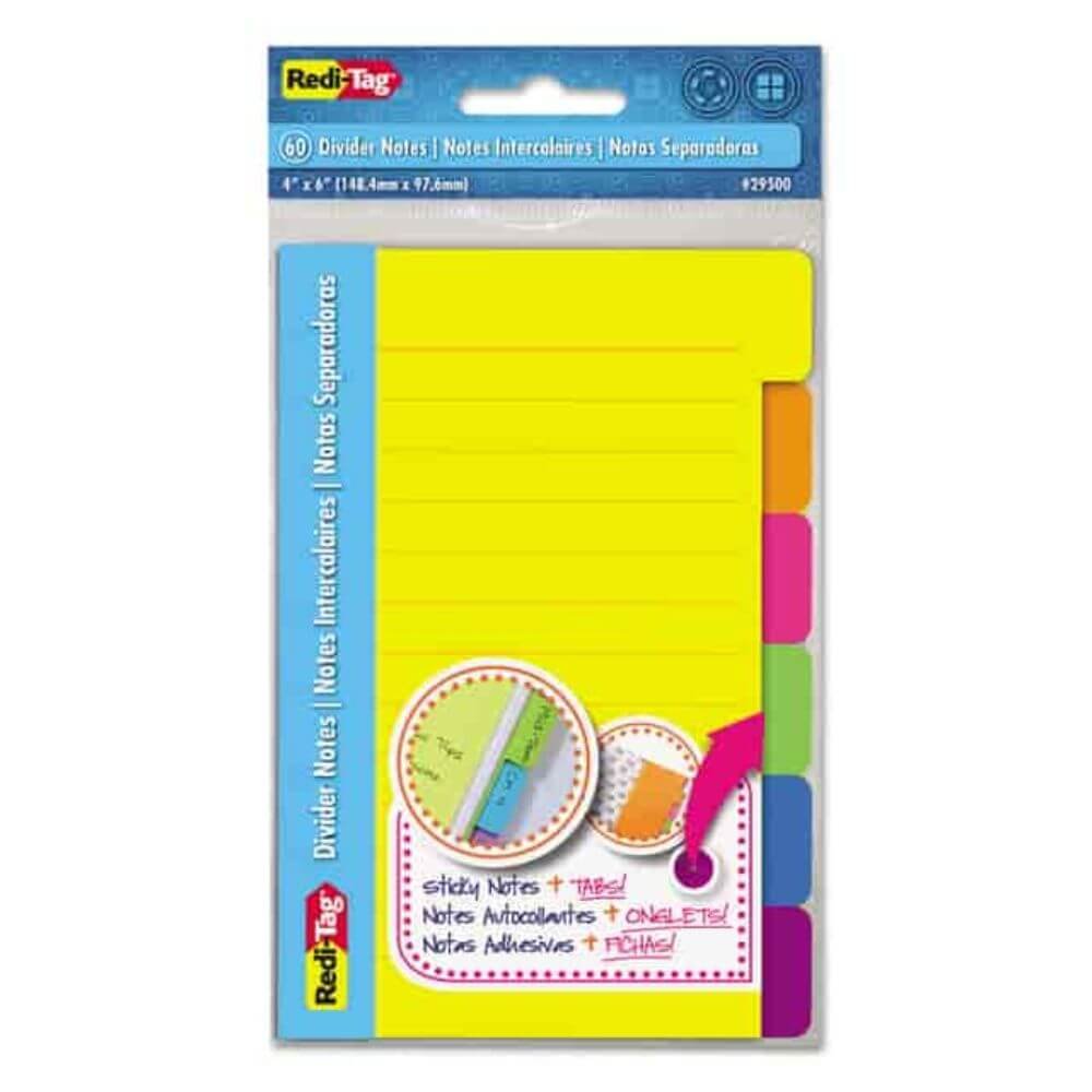 Redi-Tag Index Sticky Notes, 6-Tab Set, Note Ruled, 4" X 6", Assorted Colors, 60 Sheets/Set
