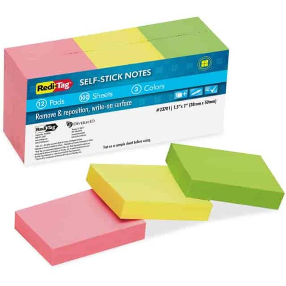 Redi-Tag Self-Stick Recycled Neon Notes, 400 X Neon Pink, 400 X Neon Green, 400 X Neon Yellow, 1 1/2" Flag/Note Width X 2" Flag/Note Length, Rectangle, 100 Sheets Per Pad, Neon Pink, Neon Yellow, Neon Green