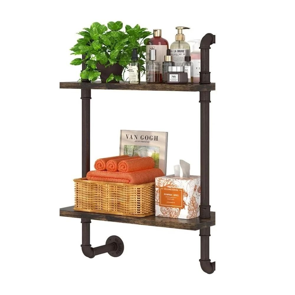 Helsin 2 Tier Rustic Wood Pipe Floating Shelf 16 Wall-Mounted Rack
