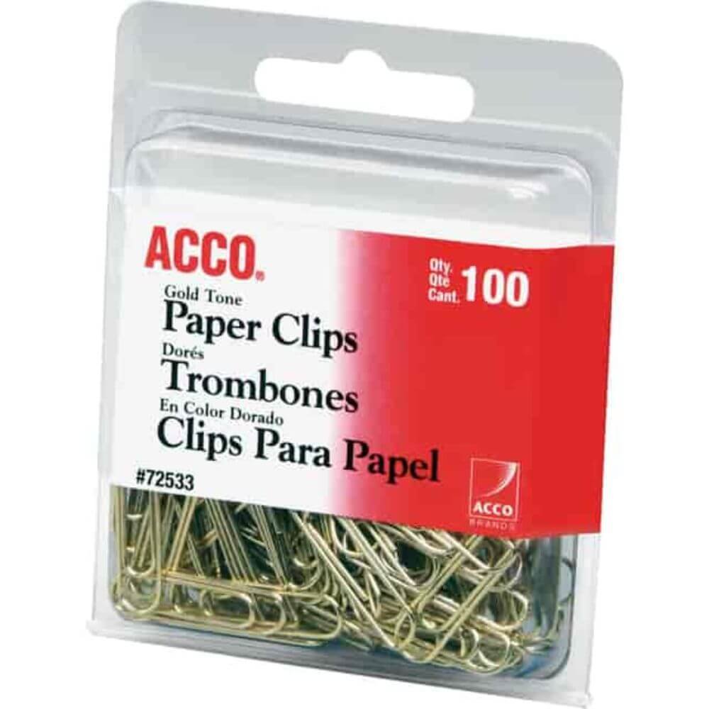 ACCO Paper Clips, No. 2, 10 Sheet Capacity, Long Lasting, Durable, Gold, Metal, 100 / Pack