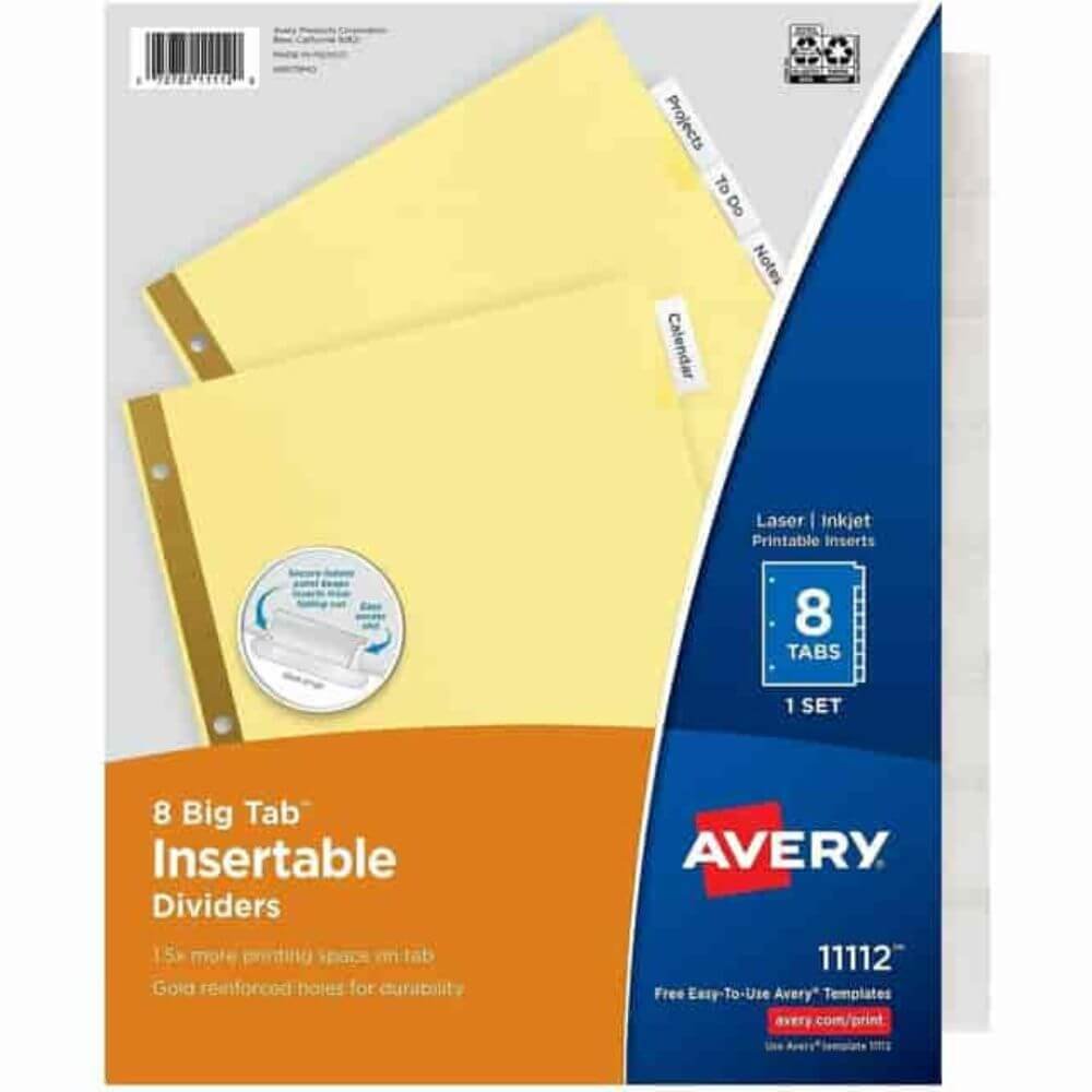 Avery Big Tab Insertable Dividers - Reinforced Gold Edge, 8 Blank Tab(s), 8 Tab(s)/Set, 8.5" Divider Width X 11" Divider Length, Letter, 3 Hole Punched, Buff Paper Divider, Clear Tab(s), 30% Recycled