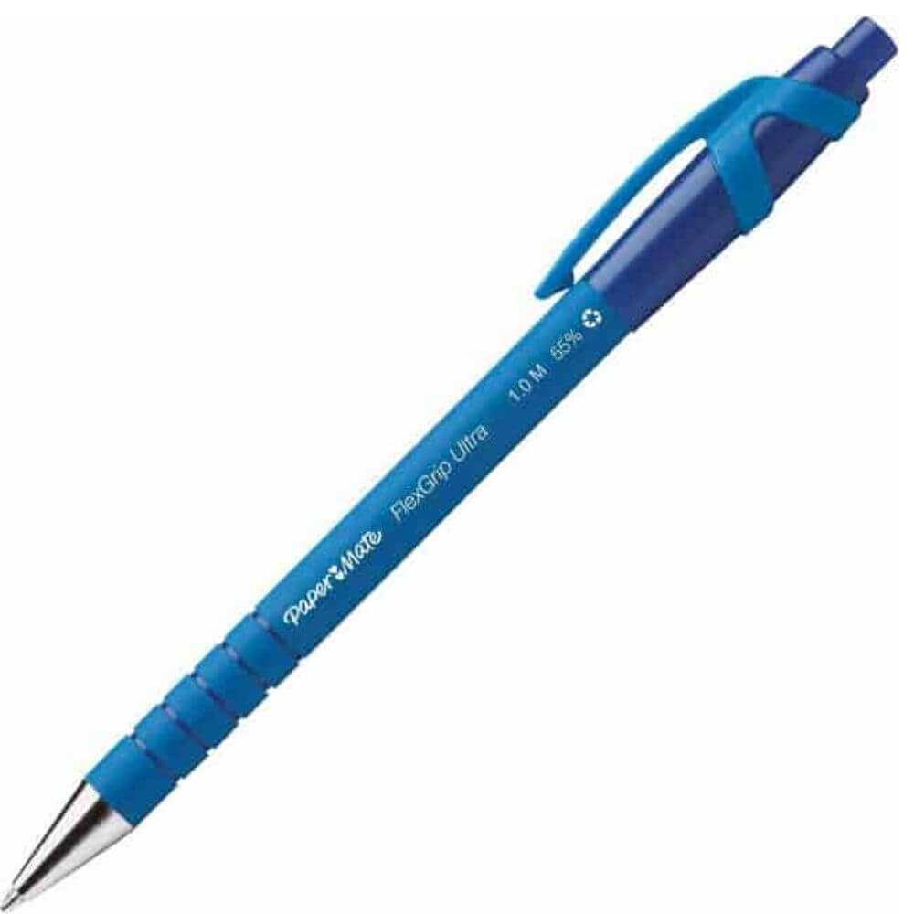 Paper Mate Flexgrip Ultra Retractable Pens, Medium Pen Point, Refillable, Retractable, Blue Ink, Rubber Barrel, Dozen