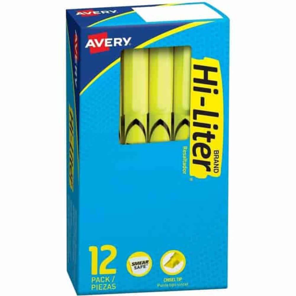 Avery Pen-Style Fluorescent Highlighters, Chisel Marker Point, Washable, Fluorescent Yellow Ink, Yellow Barrel, 1 Dozen