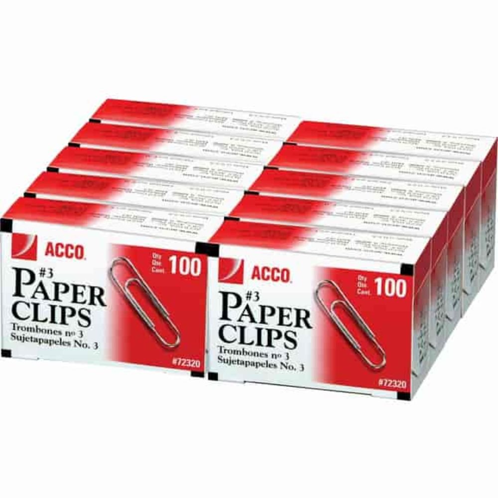 ACCO Paper Clips, No. 3, 0.9"Length, 10 Sheet Capacity, Galvanized, Corrosion Resistant, Silver, Metal, Zinc Plated, 100/Box, 10 / Pack