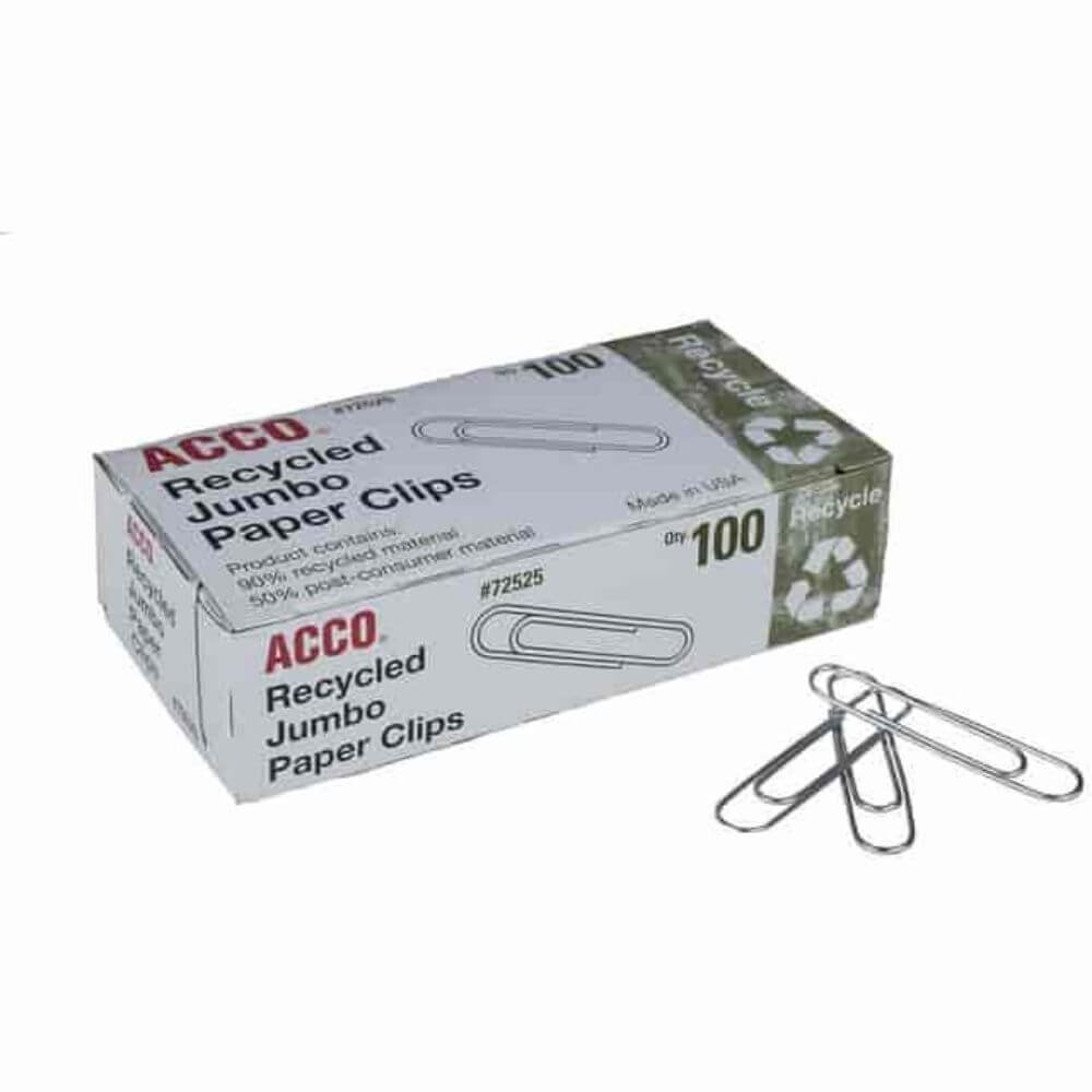 ACCO Recycled Paper Clips, Jumbo, 1.6" Length, 20 Sheet Capacity, Reusable, Durable, Silver, Metal, 100 / Box