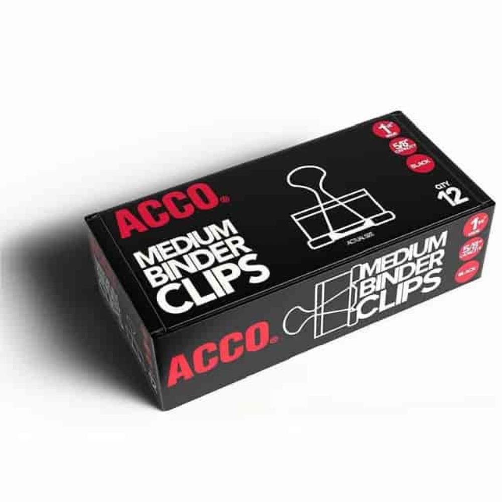 ACCO Medium Foldback Binder Clips, Medium, 1.3" Width, 0.63" Size Capacity, Reusable, Black, Plastic, Tempered Steel, 12 Clips/Box, Box