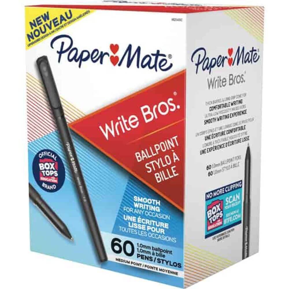 Paper Mate Write Bros. Ballpoint Stick Pens, 1 Mm Medium Pen Point, Black Ink, 60 / Box