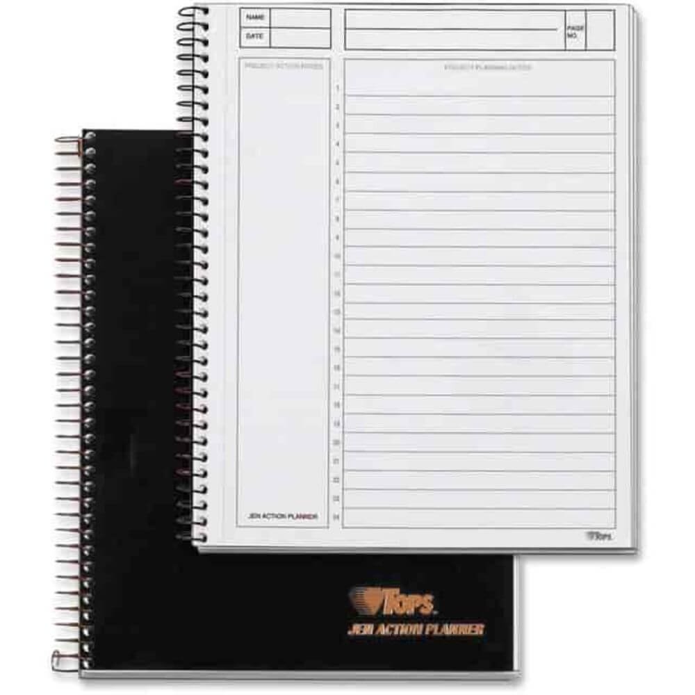 TOPS Journal Entry Notetaking Ruled Planner Pad, 84 Sheets, Wire Bound, 20 Lb Basis Weight, 6 3/4" X 8 1/2" Sheet Size, White Paper, Black Cover, Perforated, Unpunched, 1 Each