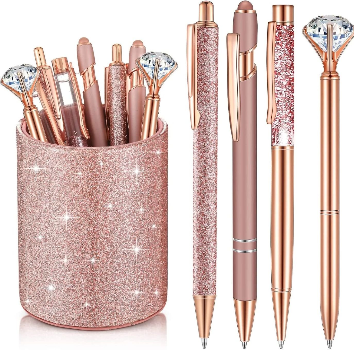Sabary Rose Gold Pens with Crystal Pen Holder Desk Set 8 Pieces
