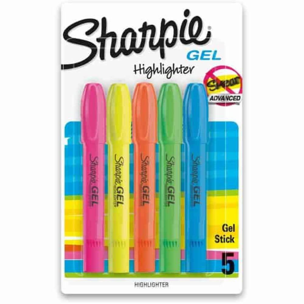 Sharpie Gel Highlighter, Bullet Marker Point, Fluorescent Blue, Fluorescent Green, Fluorescent Orange, Fluorescent Pink, Fluorescent Yellow Ink, Gel-based, 5 / Set