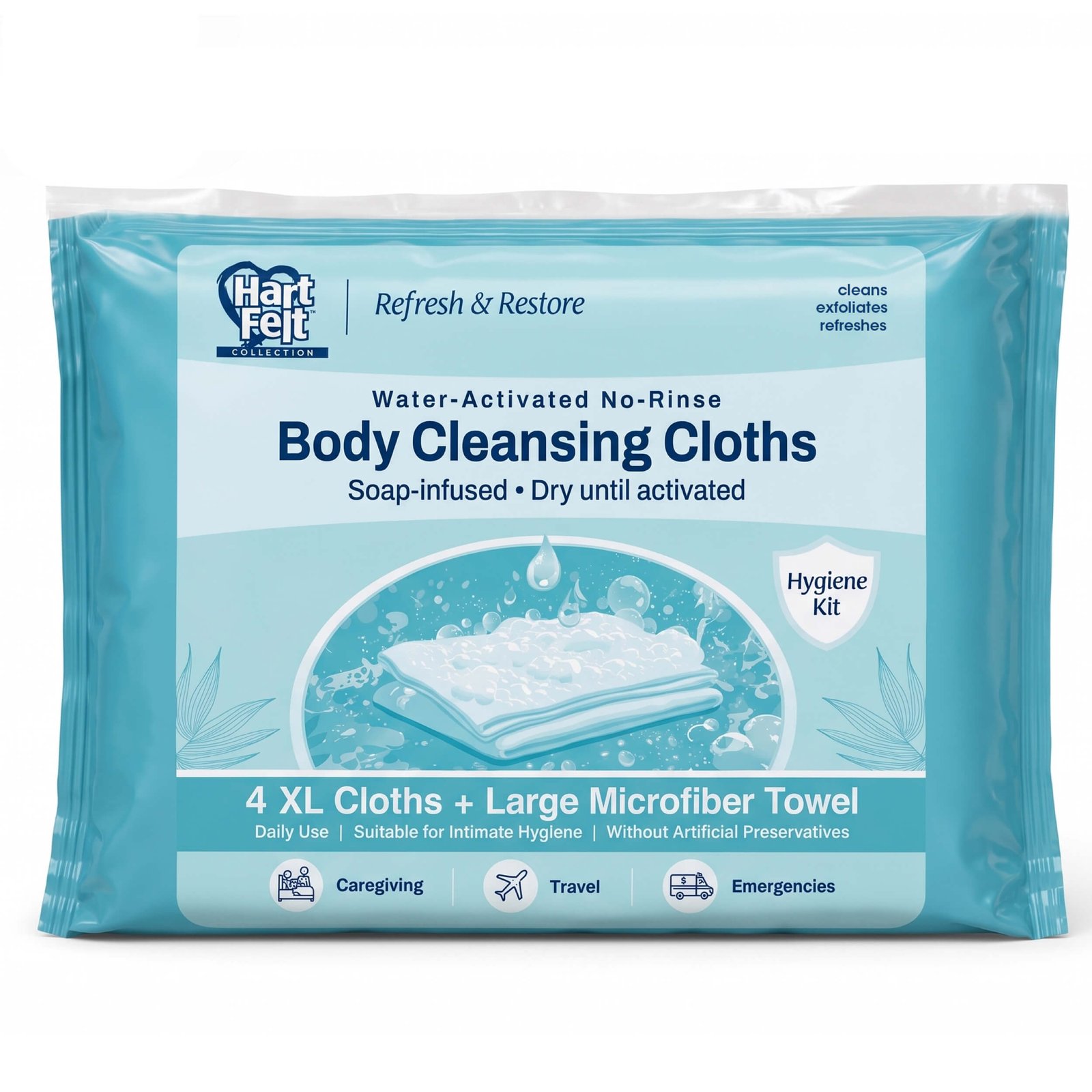 Hygiene Kit, Refresh & Restore, No-Rinse Body Cleansing |  SKU # 11351  | Water-Activated Body Cleansing Cloths (4) And Towel (Save 33% On Bulk Pack 96ct)