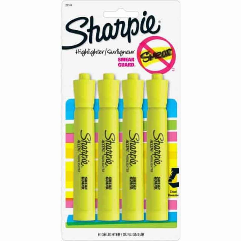 Sharpie Tank Highlighters Chisel Tip, Chisel Marker Point, Fluorescent Yellow Ink, 4 / Pack