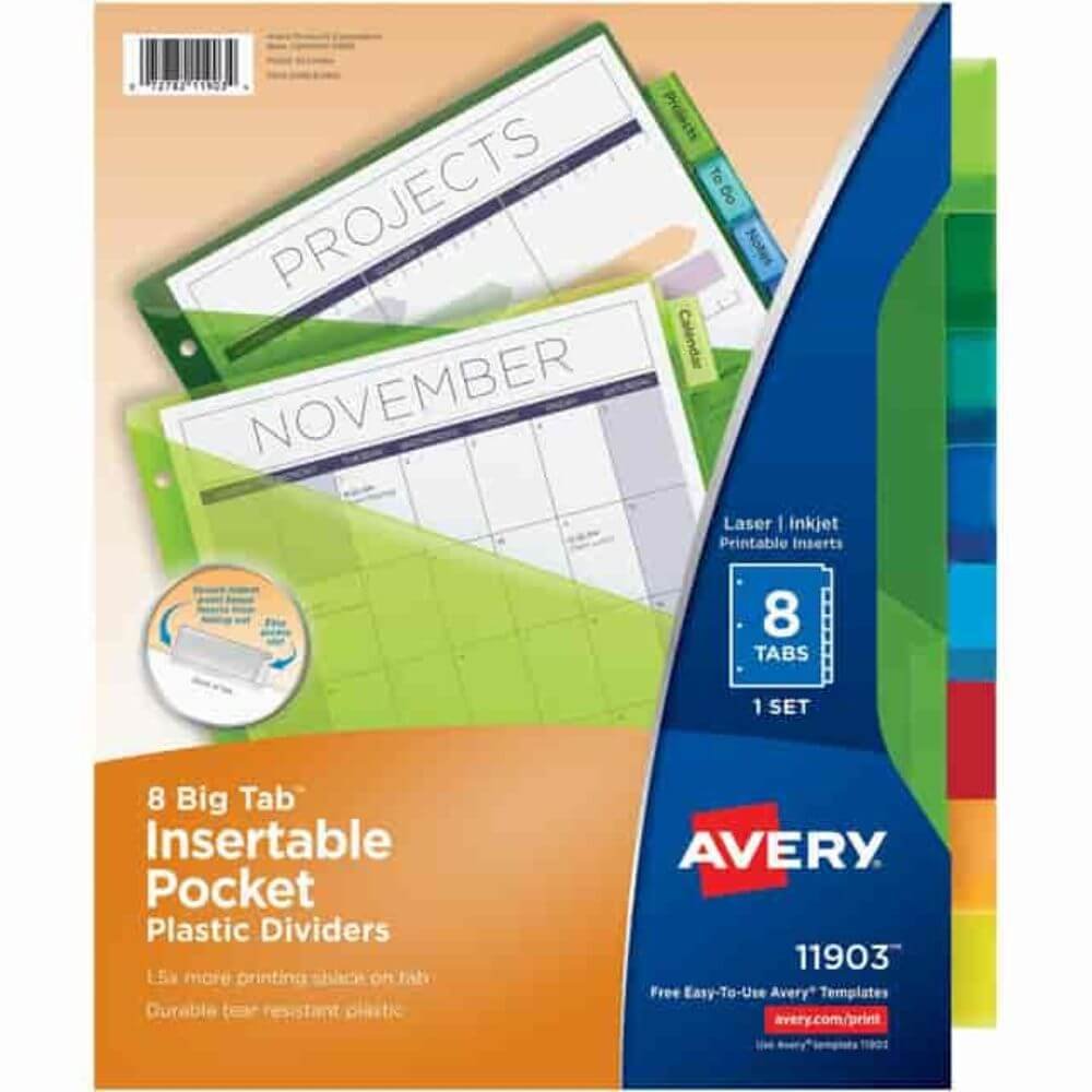 Avery Big Tab™ Insertable Plastic Dividers With Pocketsfor Laser And Inkjet Printers, 8 X Divider(s), 8, 8 Tab(s)/Set, 9.3" Divider Width X 11.25" Divider Length, 3 Hole Punched