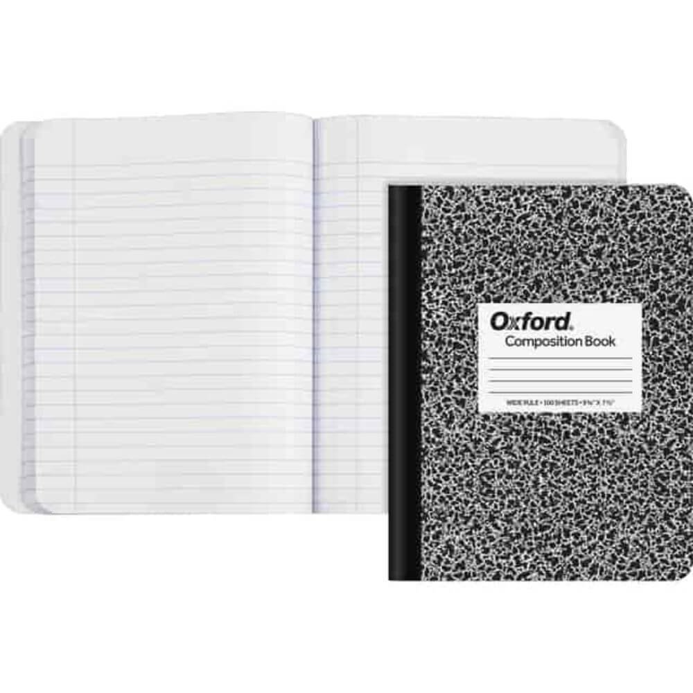 TOPS Wide-Ruled Composition Book, 100 Sheets, Sewn, Wide Ruled Front Ruling, Ruled Red Margin, 9 3/4" X 7 1/2" Sheet Size, 0.25" Height X 7.5" Width X 9.8" Length, White Paper, Black Marble, White Cover