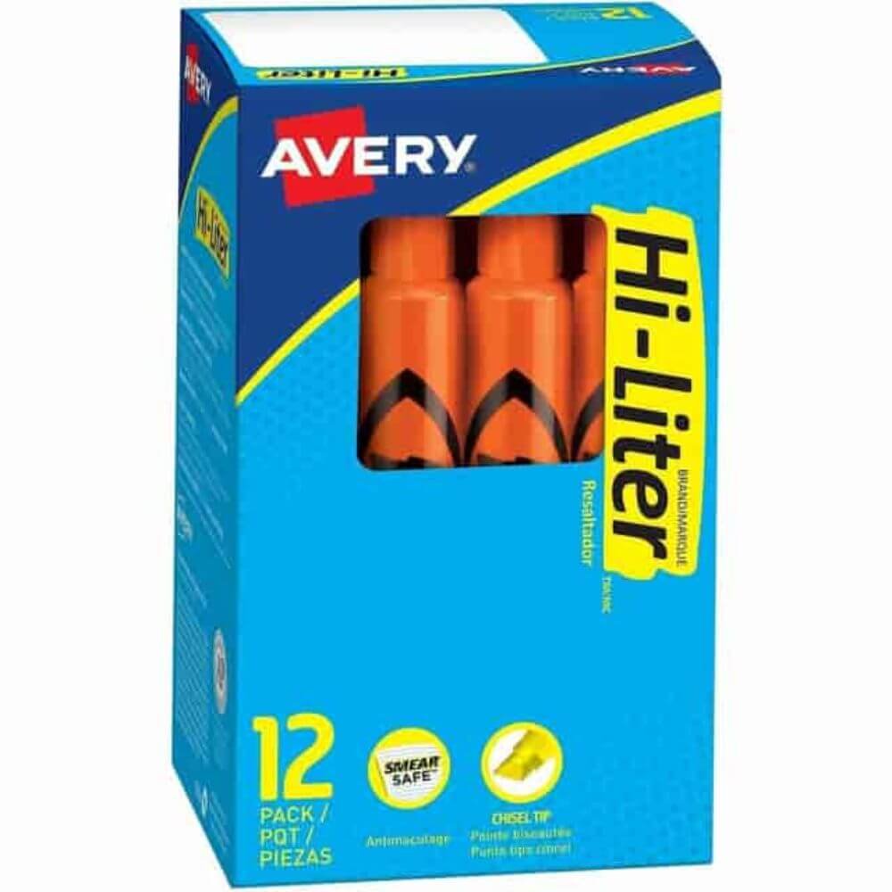Avery Desk-Style, Fluorescent Orange, 1 Count (24050), Chisel Marker Point, Washable, Fluorescent Orange Ink, Water Based, Orange Barrel, 1 Dozen