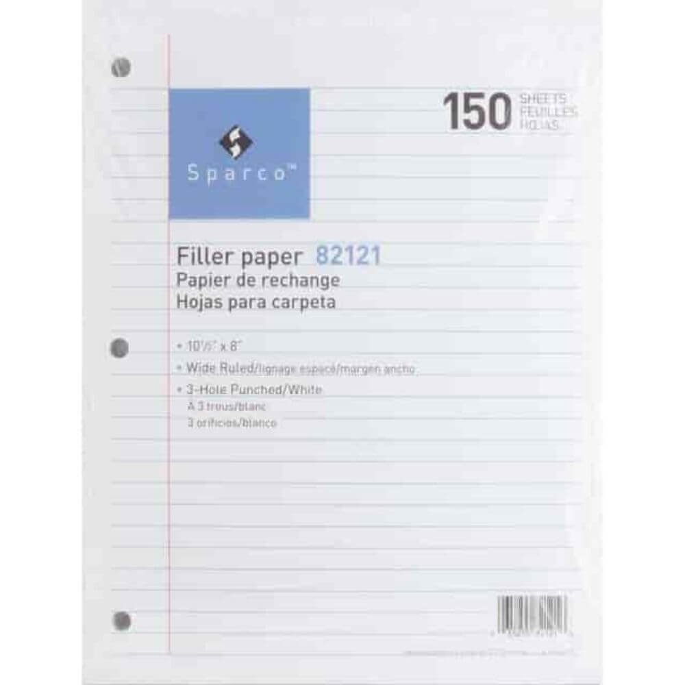 Sparco 3HP Filler Paper, 150 Sheets, Wide Ruled Front Ruling, 16 Lb Basis Weight, 8" X 10 1/2" Sheet Size, White Paper, Bleed-free, 150 / Pack