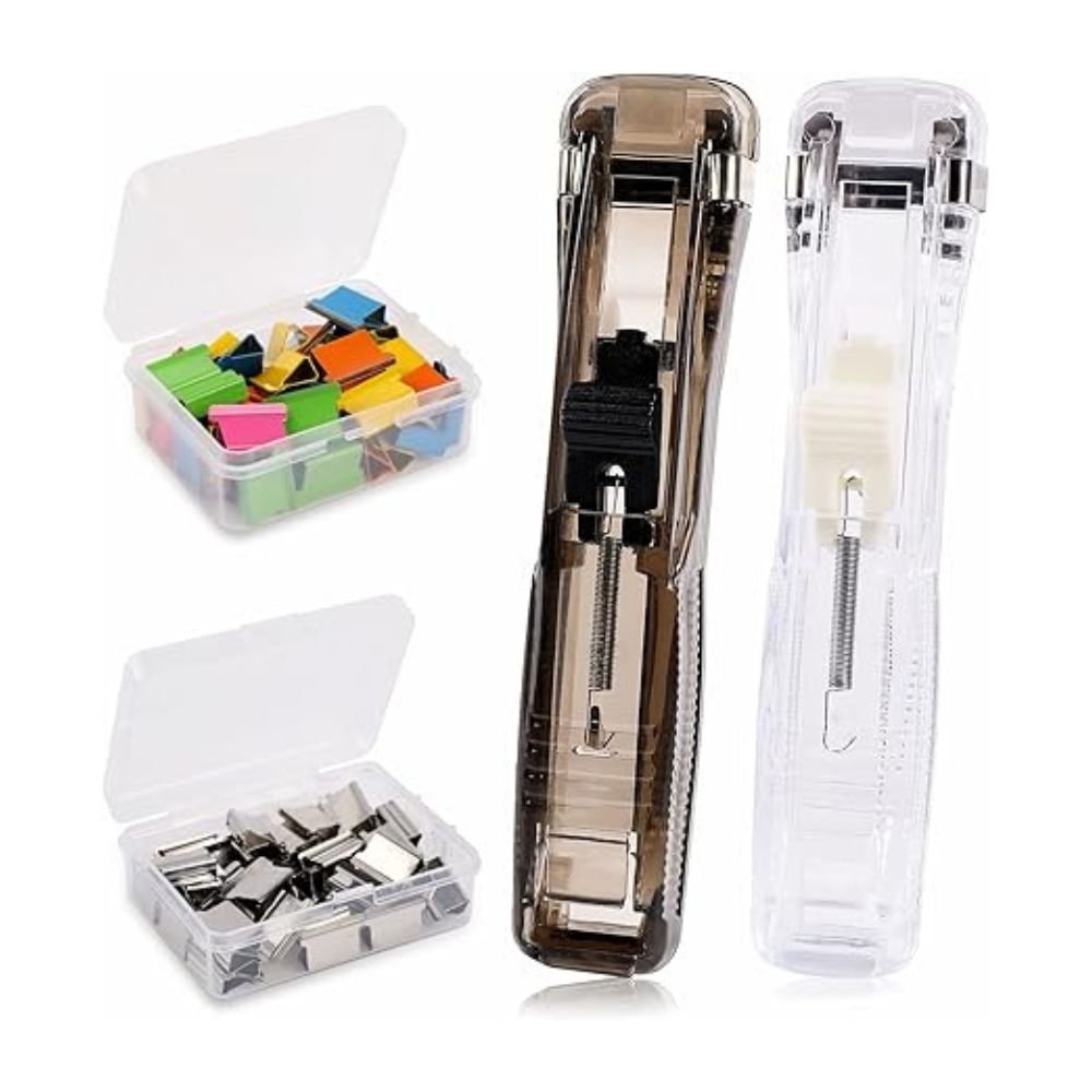 Paper Clip Dispenser Set Mini Push Stapler with 100 Clips 2 Pack