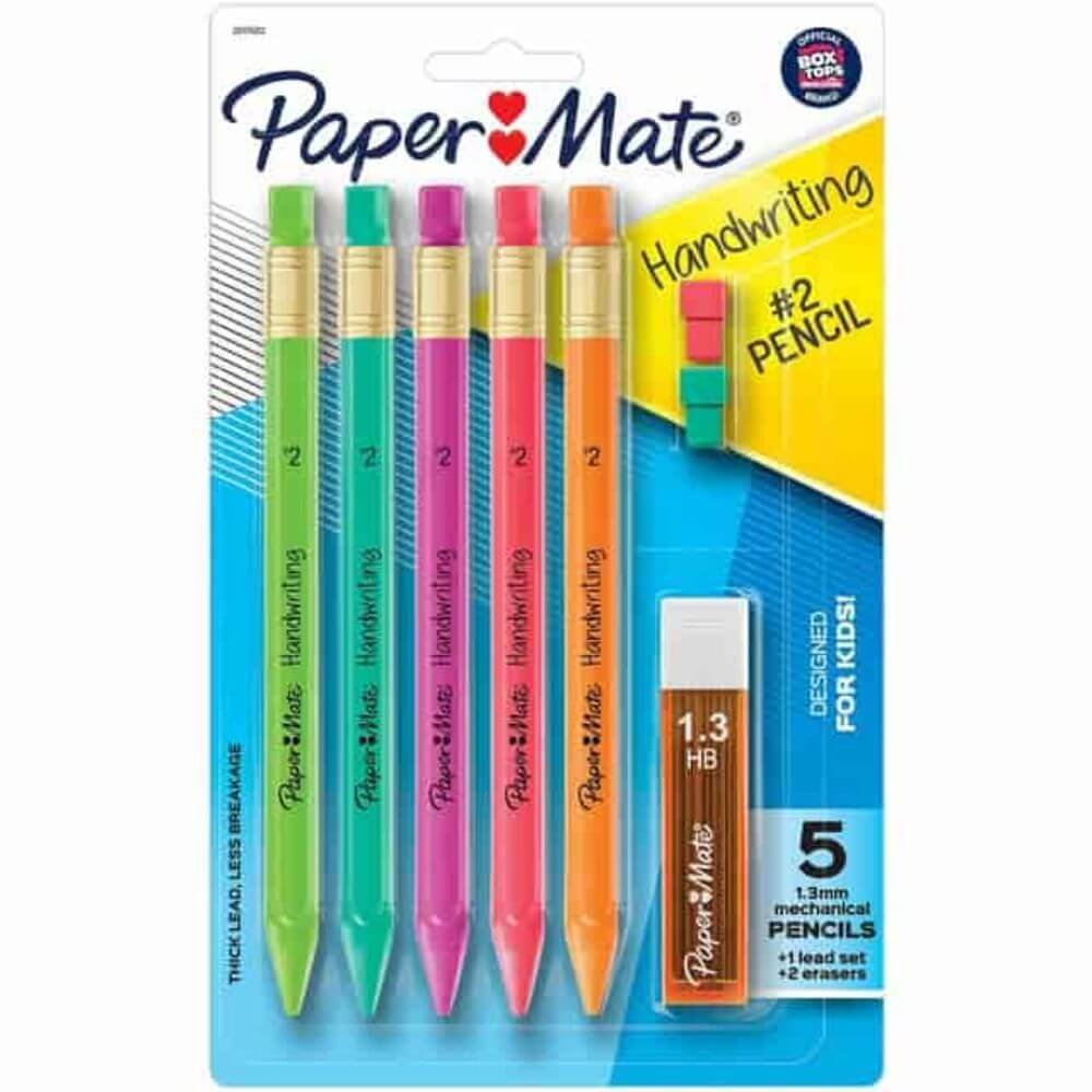 Paper Mate Handwriting Mechanical Pencils, Black Lead, 2, Thick Point, Assorted Barrel, 5 / Pack