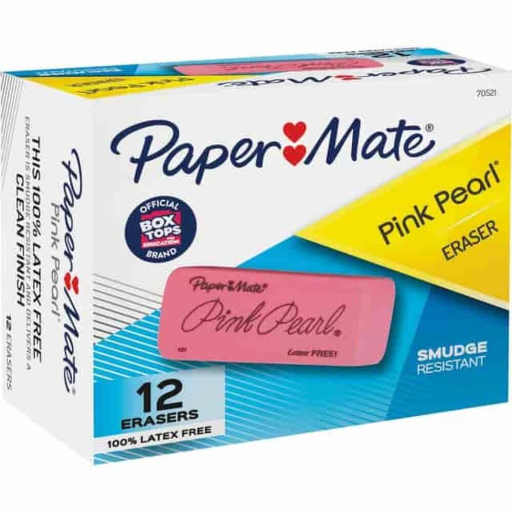 Paper Mate Pink Pearl Eraser, Pink, Rubber, 12 / Box, Self-cleaning, Tear Resistant, Smudge-free, Soft, Pliable