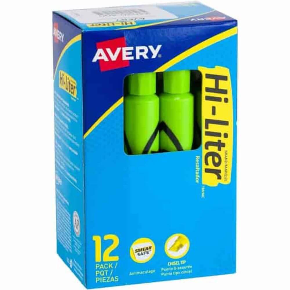 Avery Desk-Style, Fluorescent Green, 1 Count (24020), Chisel Marker Point, Refillable, Washable, Fluorescent Green Ink, Water Based, Green Barrel, 1 Dozen