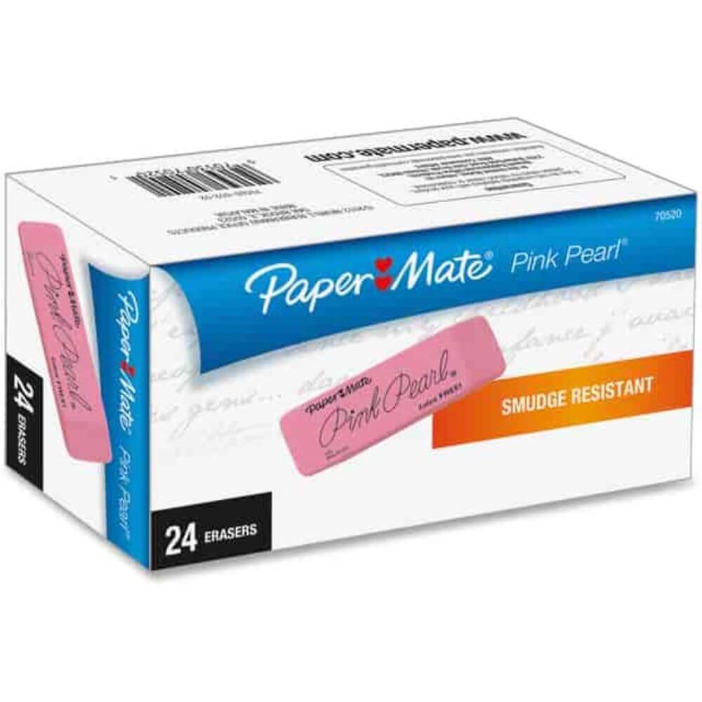 Paper Mate Pink Pearl Eraser, Pink, Rubber, 24 / Box, Self-cleaning, Tear Resistant, Smudge-free