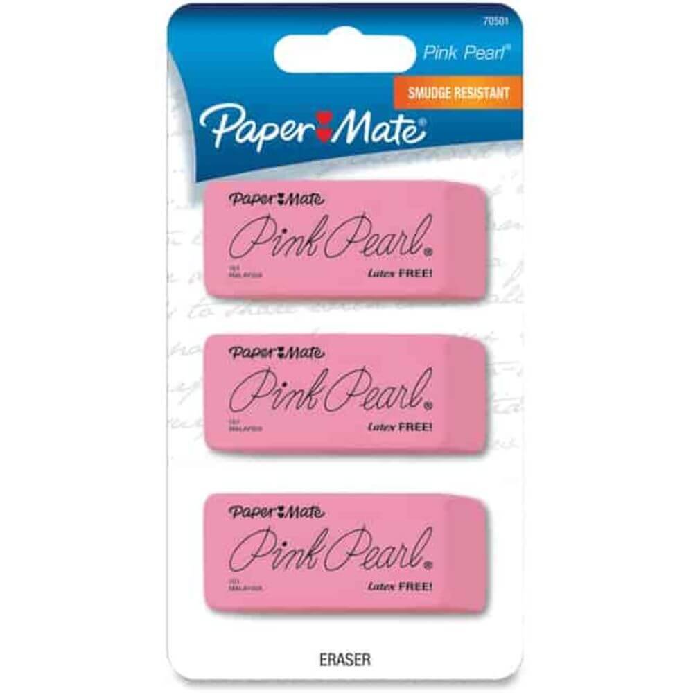 Paper Mate Pink Pearl Eraser, Pink, Rubber, 3 / Pack, Soft, Pliable, Smudge-free, Latex-free, Beveled Edge