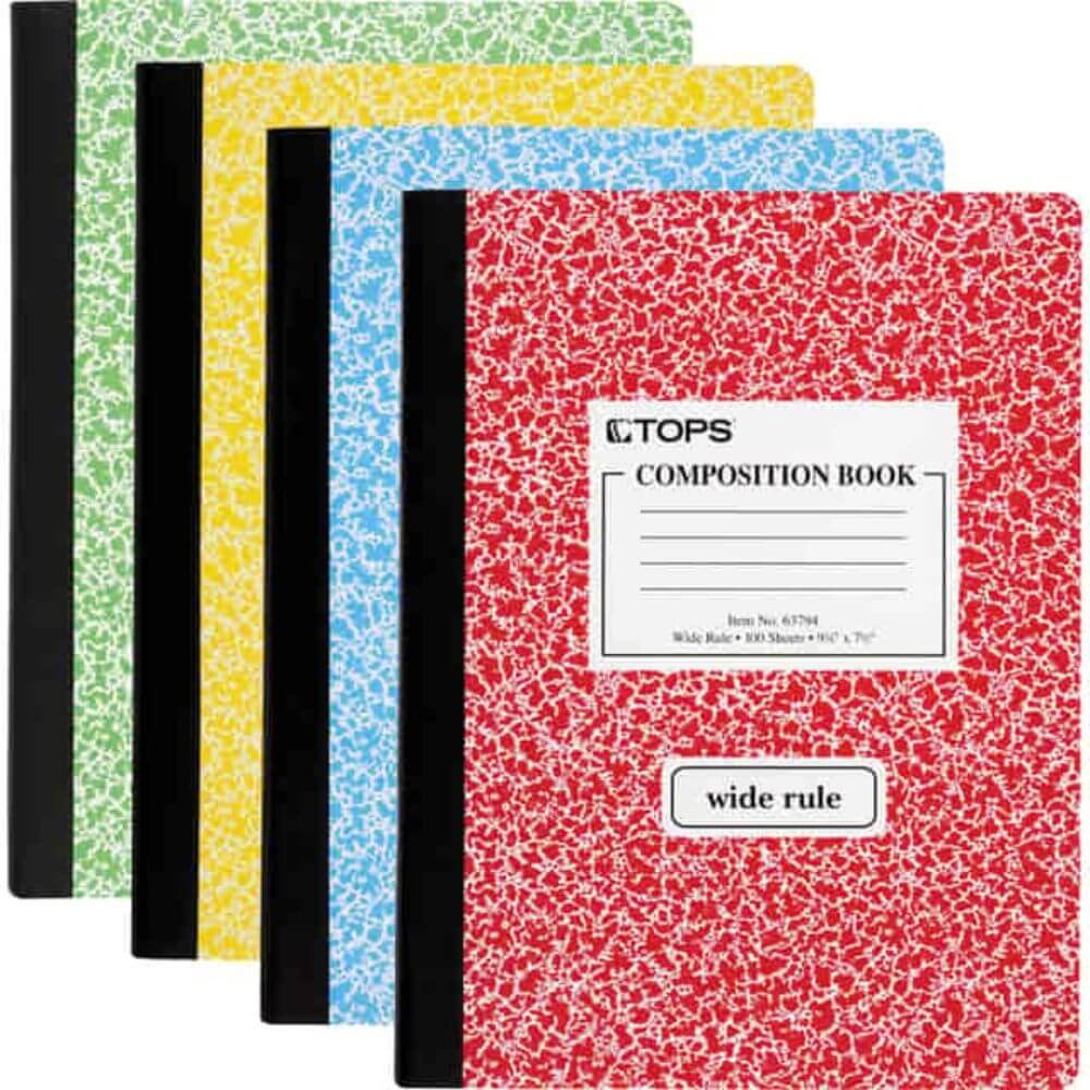 TOPS Wide Ruled Composition Books, 100 Sheets, 200 Pages, Sewn, Wide Ruled Front Ruling, Ruled Red Margin, 7 1/2" X 9 3/4" Sheet Size, White Paper, Assorted Marble Hardboard Cover, 1 Each