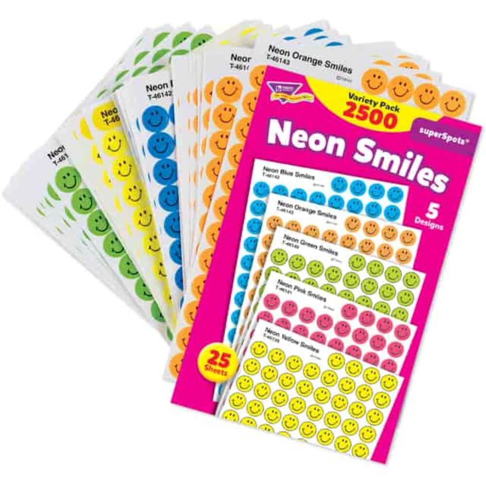 TREND SuperSpots Neon Smiles Stickers Variety Pack, 2500 X Smilies Shape, Acid-free, Non-toxic, Neon Green, Neon Yellow, Neon Orange, Neon Blue, Neon Pink, 1 Pack