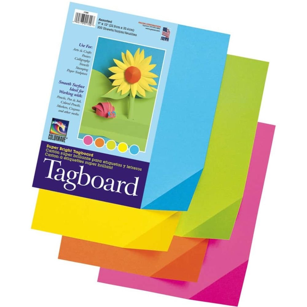 Pacon Super Bright Tagboard, Art, 9 Width x 12 Length, Assorted, 100 / Pack