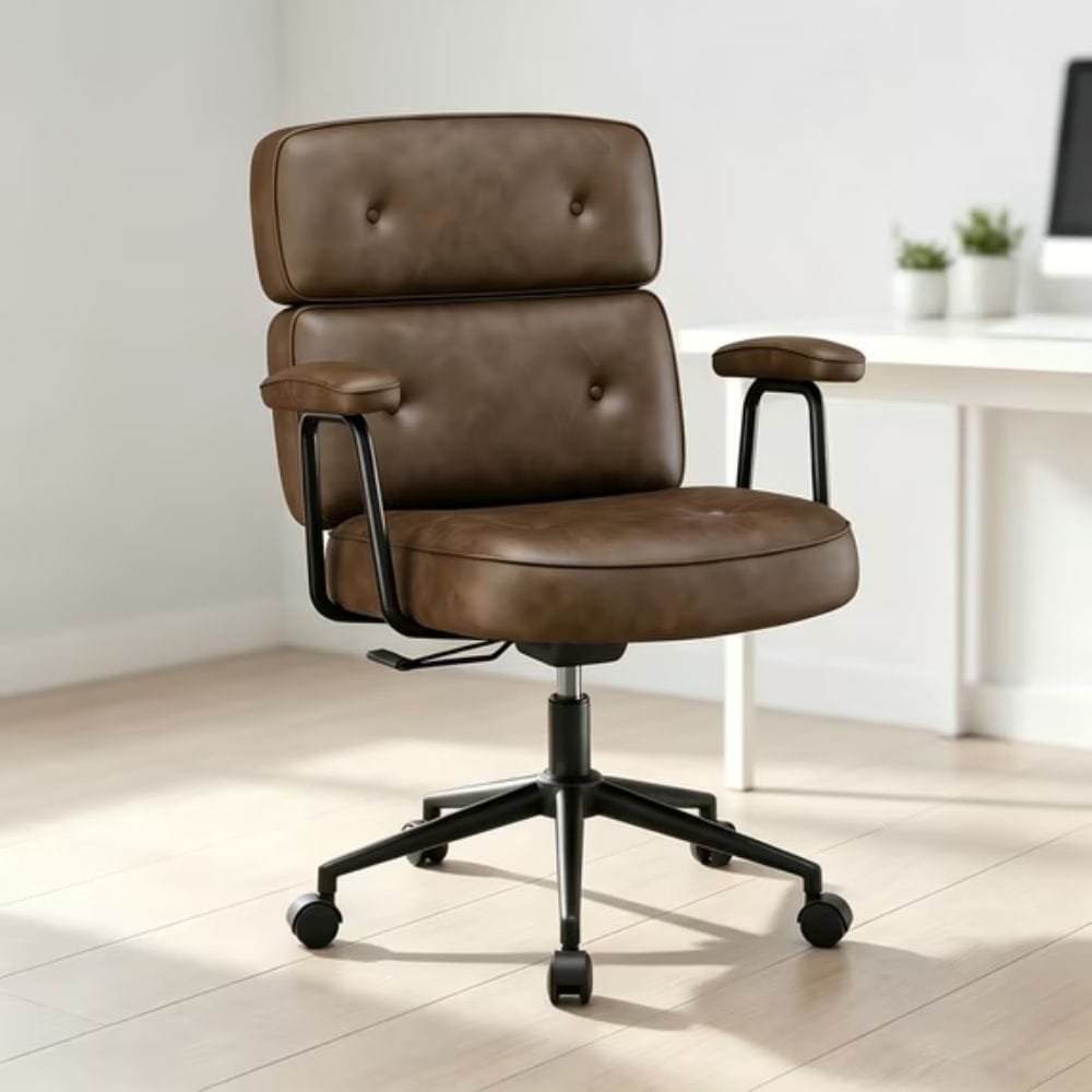 Sybels High-Back Ergonomic Task Chair, PU Leather, Built-In Lumbar Support, Adjustable Height, 350 lb Capacity, Office Chair, Brown
