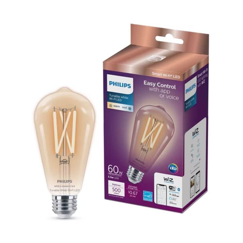 Philips Wi-Fi Connected ST19 LED Filament Light Bulb, 5.5W, 60W Equivalent, Tunable White 2700K–5000K, E26 Base, Clear, 1 Pack