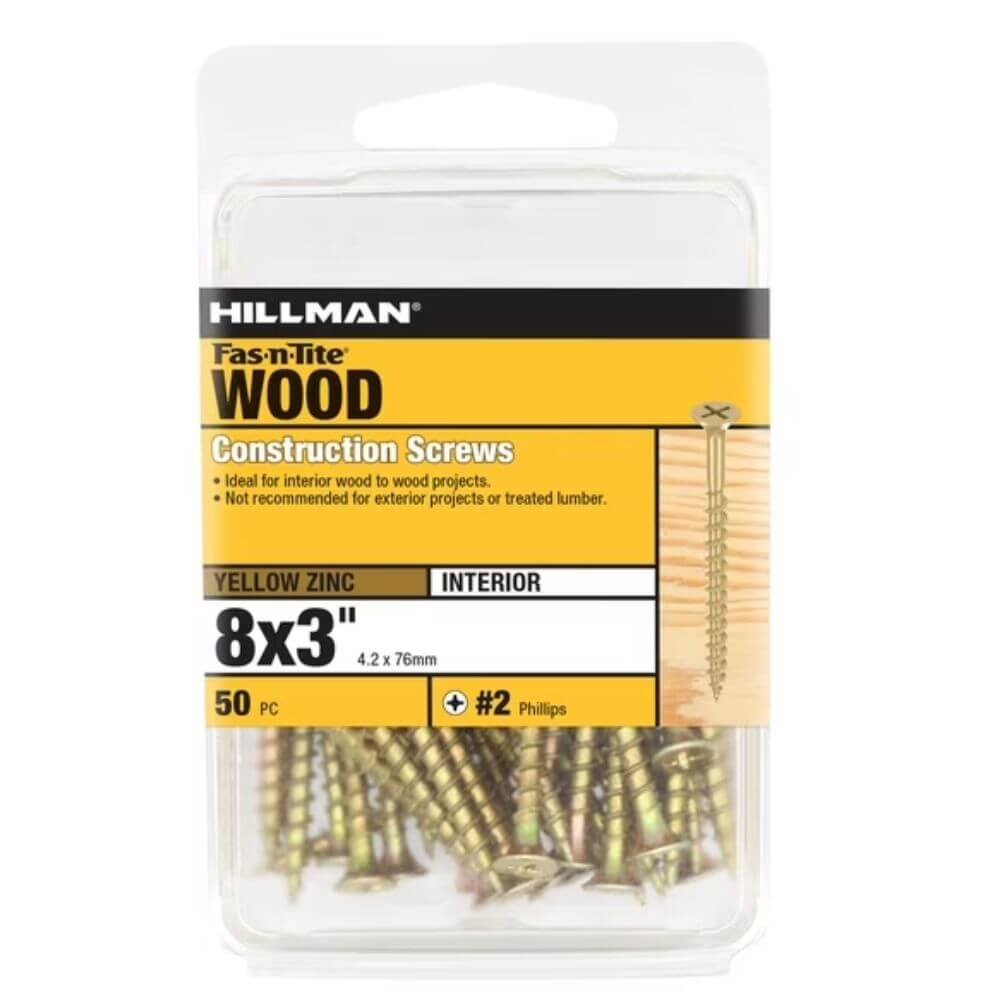 Hillman Fas-n-Tite No. 8 x 3-Inch Steel Wood Construction Screws, Yellow Zinc Finish, 50 Pack