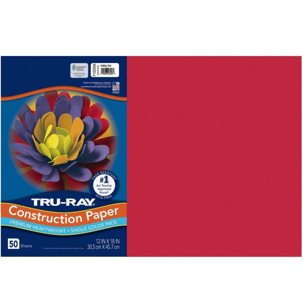 Tru-Ray Heavyweight Construction Paper, 18" Width x 12" Length, Holiday Red, Sulphite, 50 / Pack
