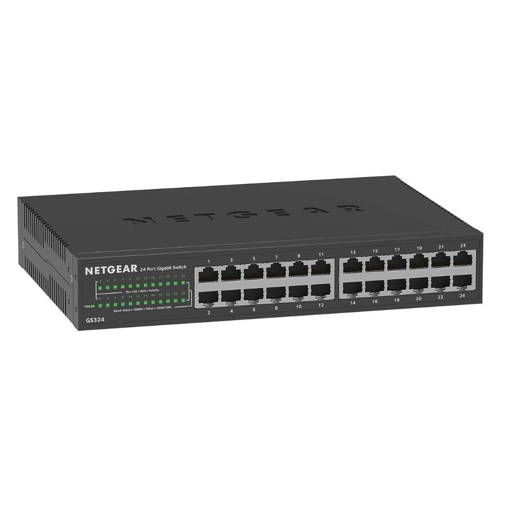 NETGEAR 24-Port Gigabit Ethernet Unmanaged Essentials Switch (GS324) - Desktop, Wall, Or Rackmount, Silent Operation "
