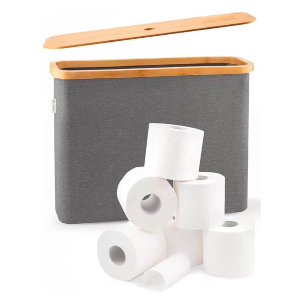 Marching Pin Toilet Paper Storage Basket with Bamboo Lid, Gray, Freestanding Bathroom Organizer