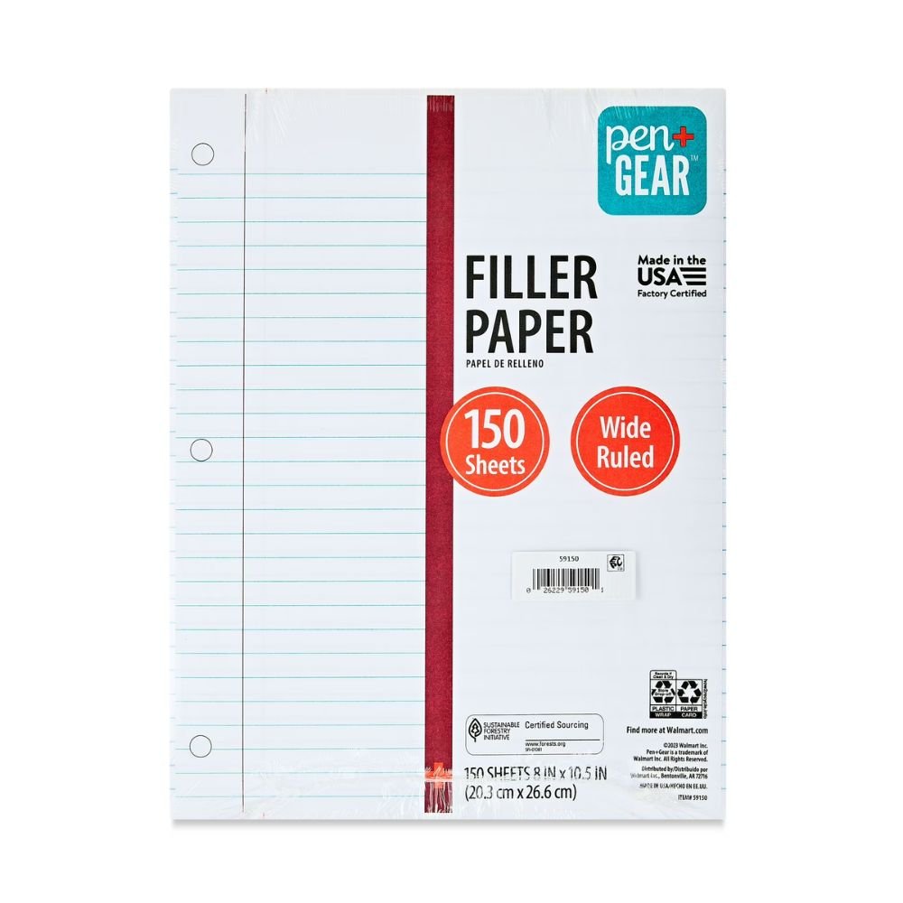 Wide Ruled Filler Paper, 10.5 x 8, 150 Sheets, Loose Leaf Notebook Paper