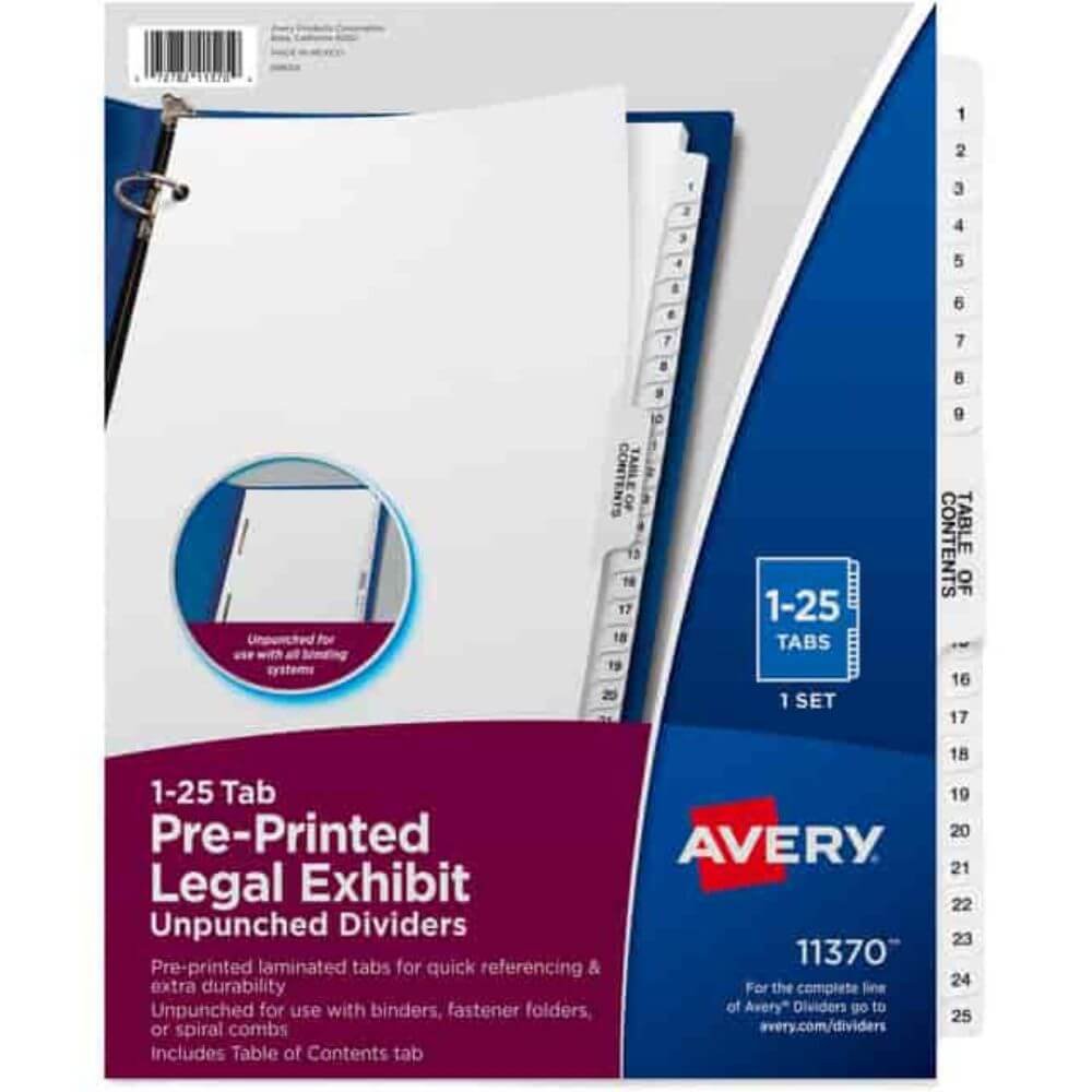 Avery Index Divider, 1 X Divider(s), Side Tab(s), 1-25, Table Of Contents, 26 Tab(s)/Set, 8.5" Divider Width X 11" Divider Length, Letter, 8.50" Width X 11" Length, Paper Divider, White Tab(s), 20% Recycled