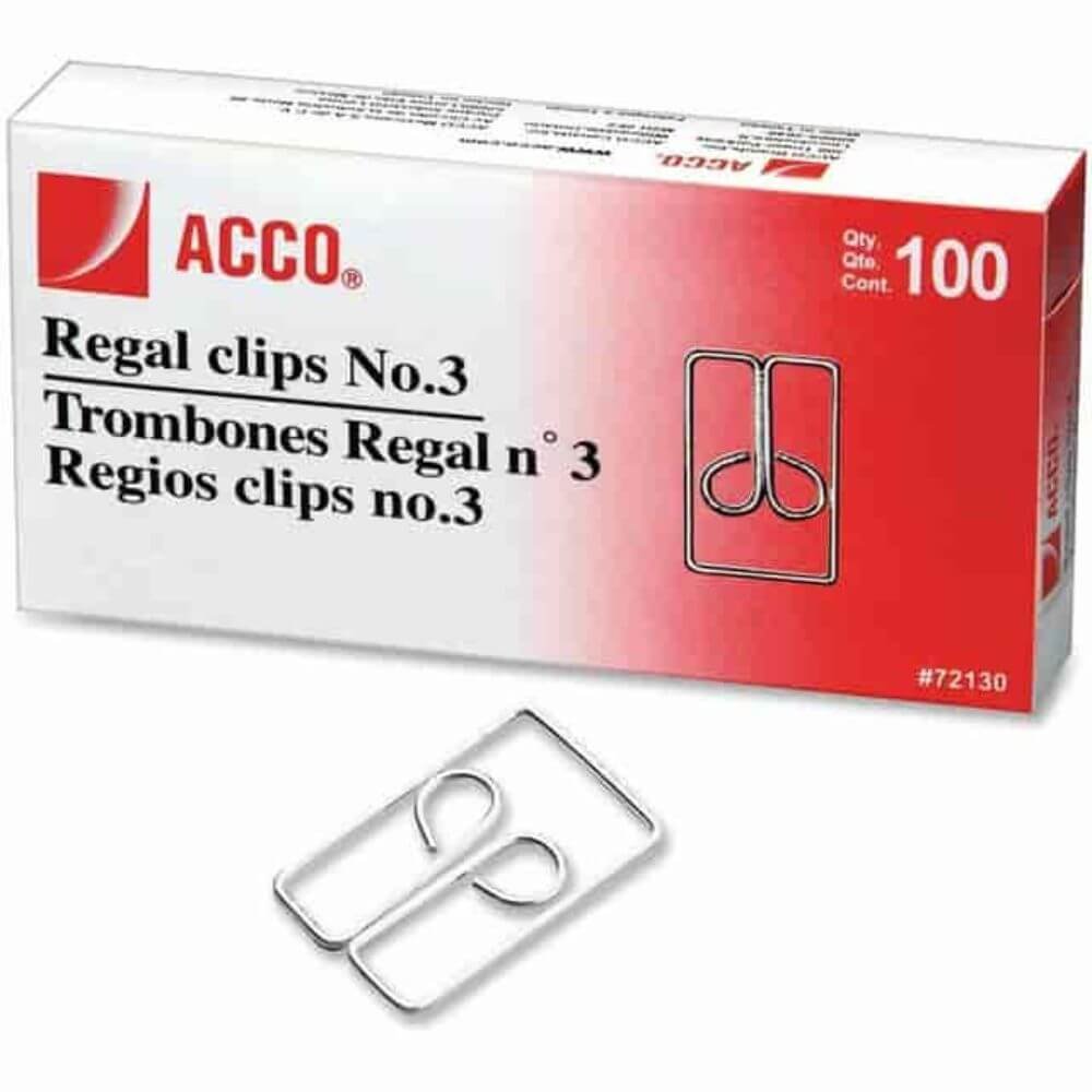 ACCO Regal Owl Paper Clips, Small, Medium, No. 3, 1" Size Capacity, For Paper, Document, Strong, Tear Resistant, Scratch Resistant, Silver, Steel, 100 / Box